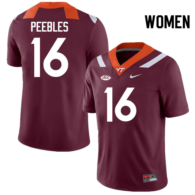 Women #16 Aeneas Peebles Virginia Tech Hokies College Football Jerseys Stitched-Maroon